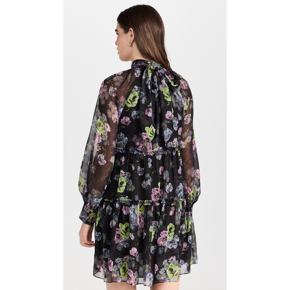 NWT Cinq a Sept Midnight Bloom Revina Dress Size 12 Dark Floral Tie Neck Tiered - Picture 6 of 15